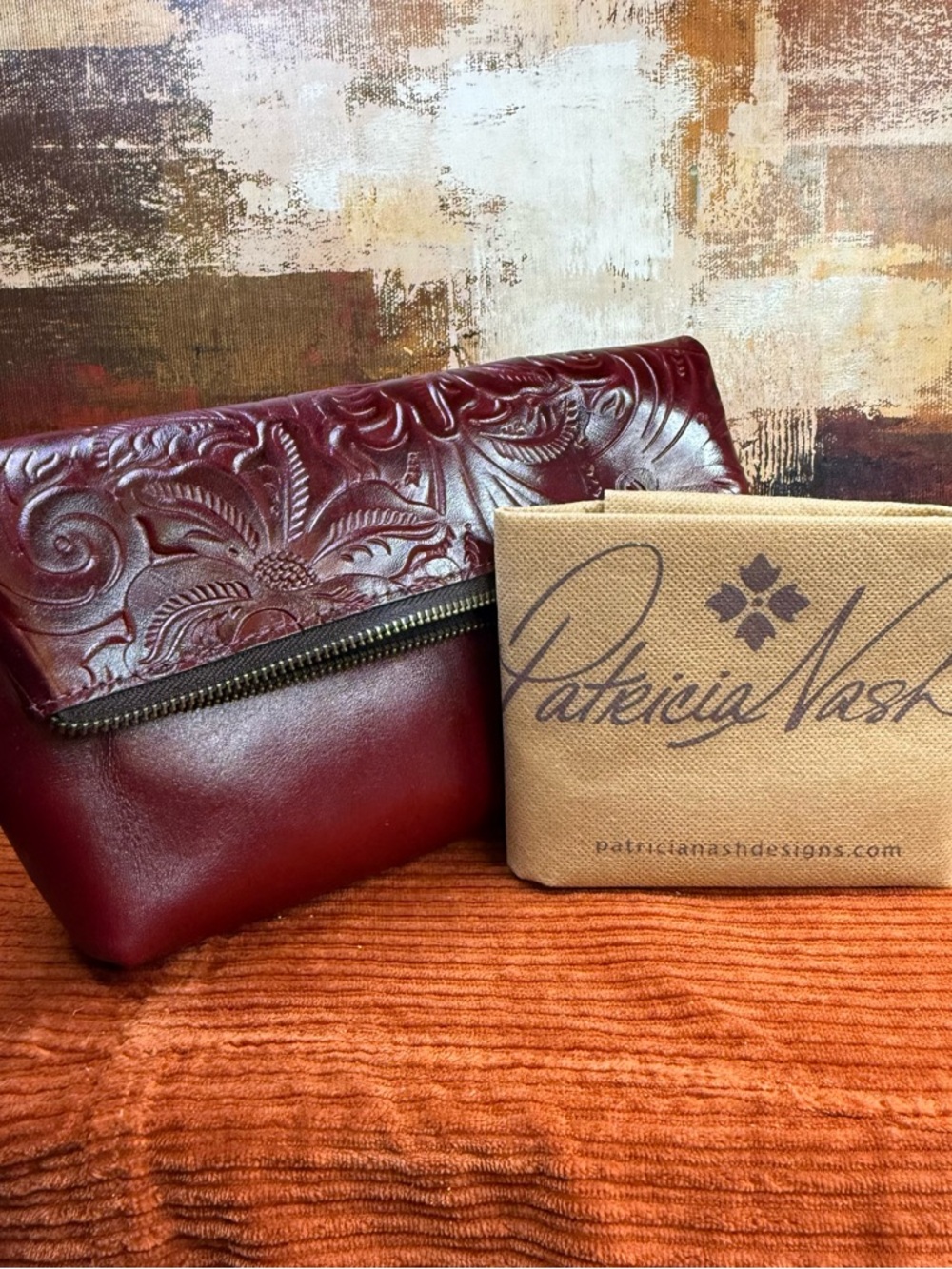 Patricia Nash Embossed Wine Red Leather Foldover Clutch